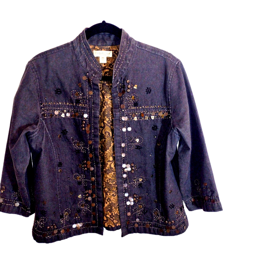 Coldwater Creek Black Denim Jacket Embellished Boho Festival Western Petite Med